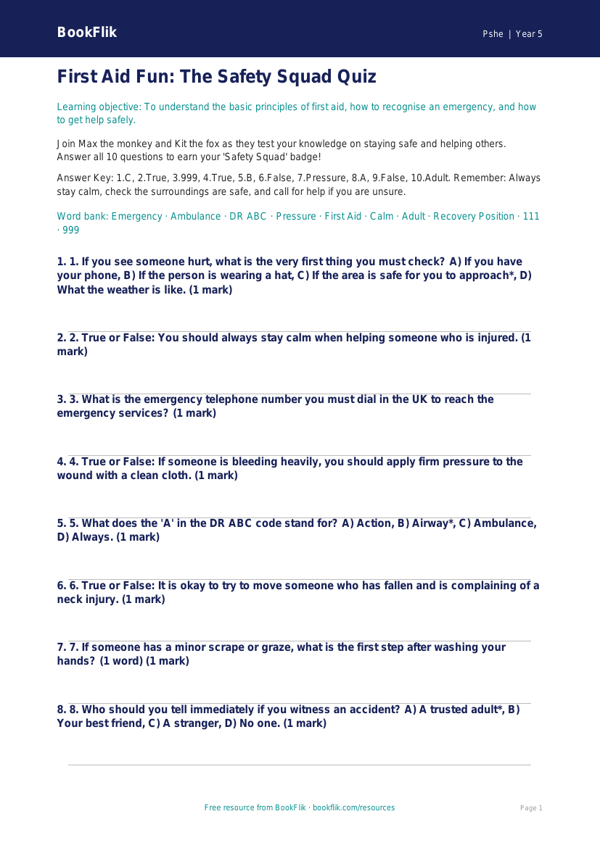 Free First Aid Quiz | Year 5 Core | BookFlik worksheet preview — Pshe First Aid