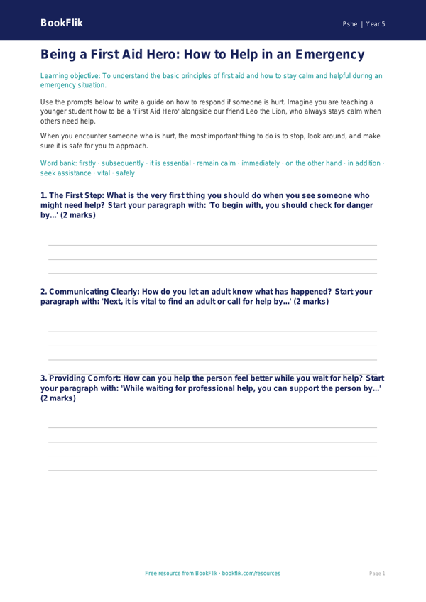 Free First Aid Writing Frame | Year 5 Core | BookFlik worksheet preview — Pshe First Aid