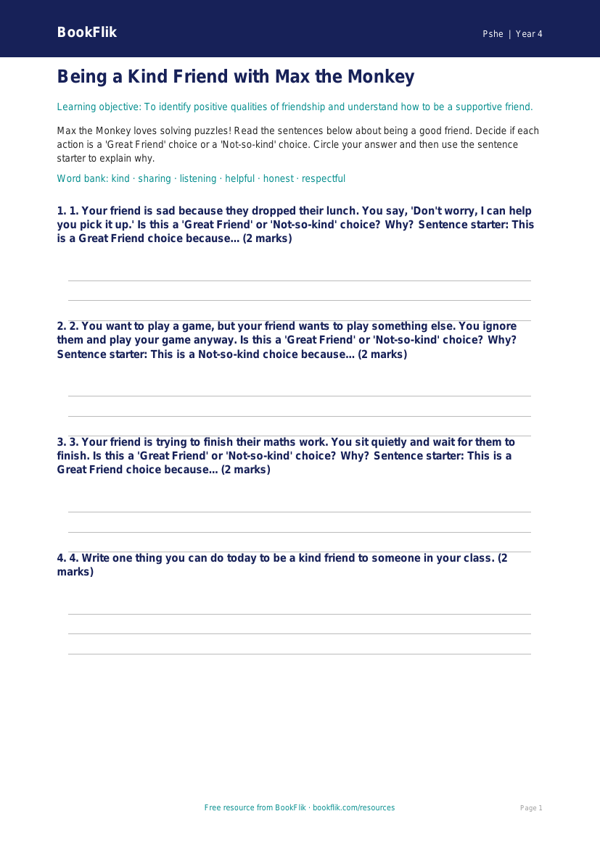 Free Friendship Activity Sheet | Year 4 Supported | BookFlik worksheet preview — Pshe Friendship