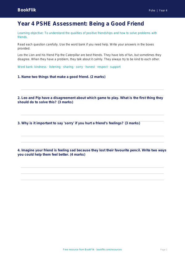 Free Friendship Assessment | Year 4 Supported | BookFlik worksheet preview — Pshe Friendship