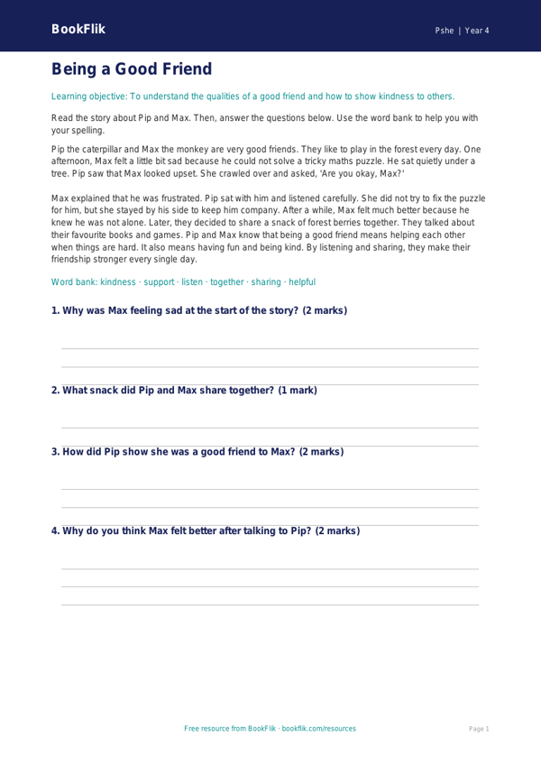 Free Friendship Comprehension | Year 4 Supported | BookFlik worksheet preview — Pshe Friendship