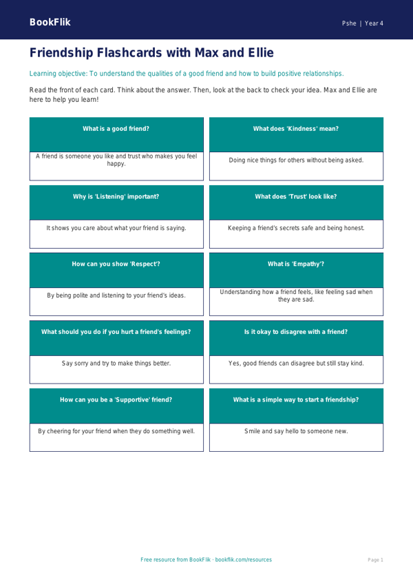 Free Friendship Flashcards | Year 4 Supported | BookFlik worksheet preview — Pshe Friendship