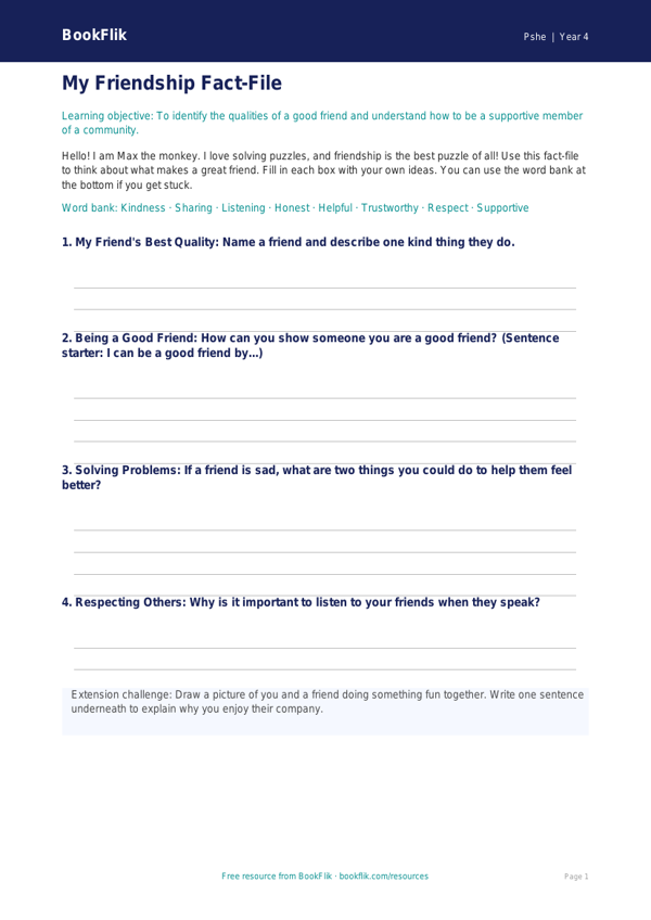 Free Friendship Template | Year 4 Supported | BookFlik worksheet preview — Pshe Friendship