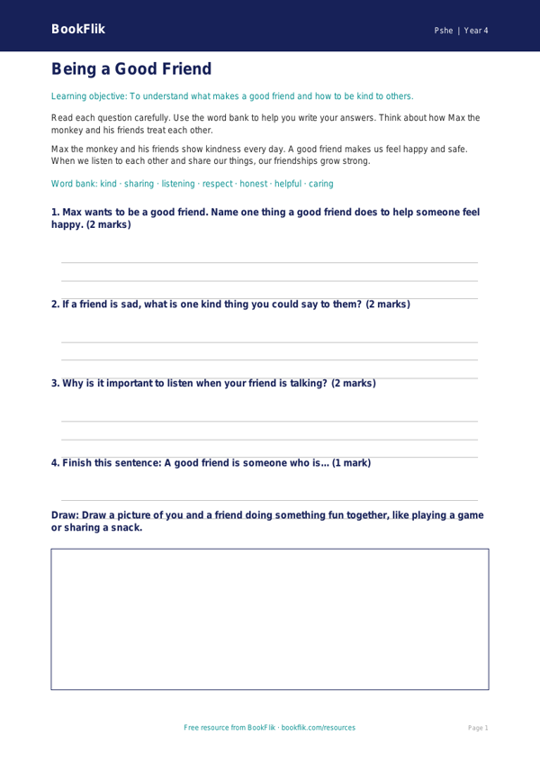 Free Friendship Worksheet | Year 4 Supported | BookFlik worksheet preview — Pshe Friendship