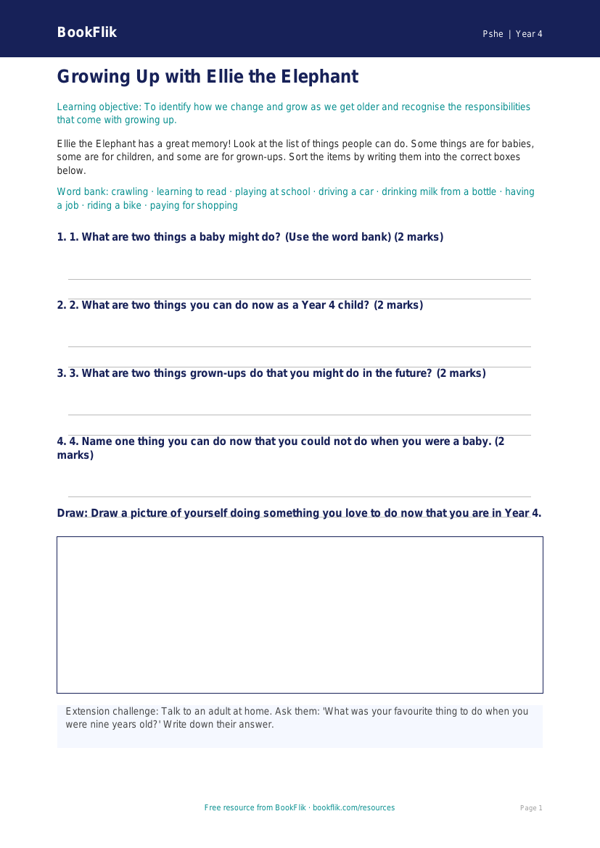 Free Growing Up Activity Sheet | Year 4 Supported | BookFlik worksheet preview — Pshe Growing Up
