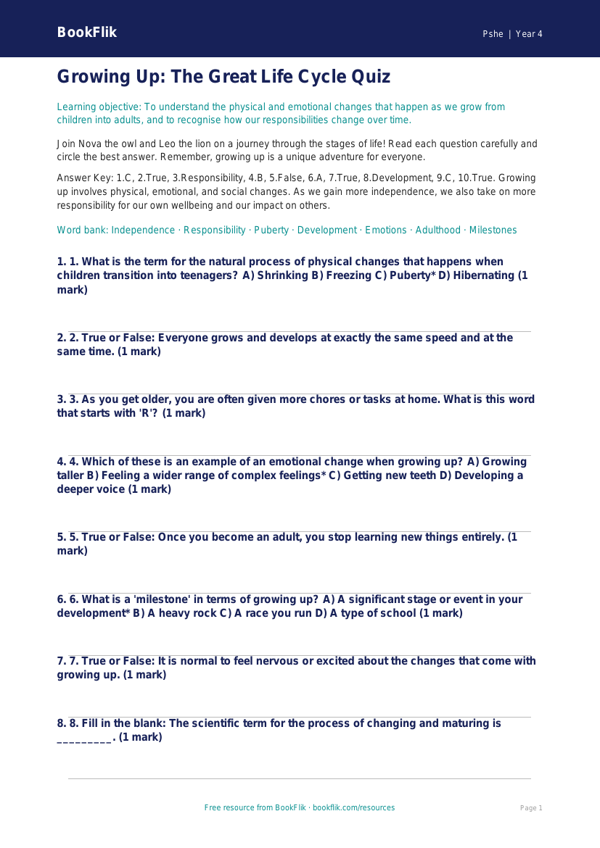 Free Growing Up Quiz | Year 4 Greater Depth | BookFlik worksheet preview — Pshe Growing Up