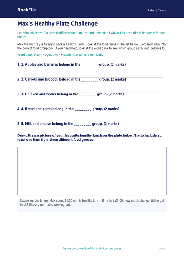 Free Healthy Eating Activity Sheet | Year 4 Supported | BookFlik worksheet preview — Pshe Healthy Eating