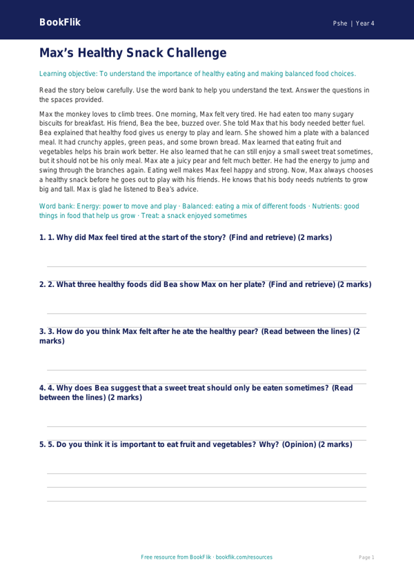Free Healthy Eating Comprehension | Year 4 Supported | BookFlik worksheet preview — Pshe Healthy Eating