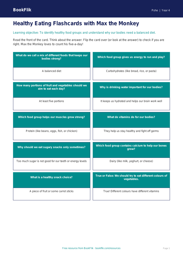 Free Healthy Eating Flashcards | Year 4 Supported | BookFlik worksheet preview — Pshe Healthy Eating