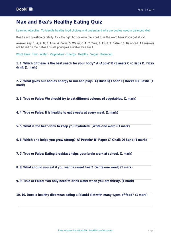 Free Healthy Eating Quiz | Year 4 Supported | BookFlik worksheet preview — Pshe Healthy Eating