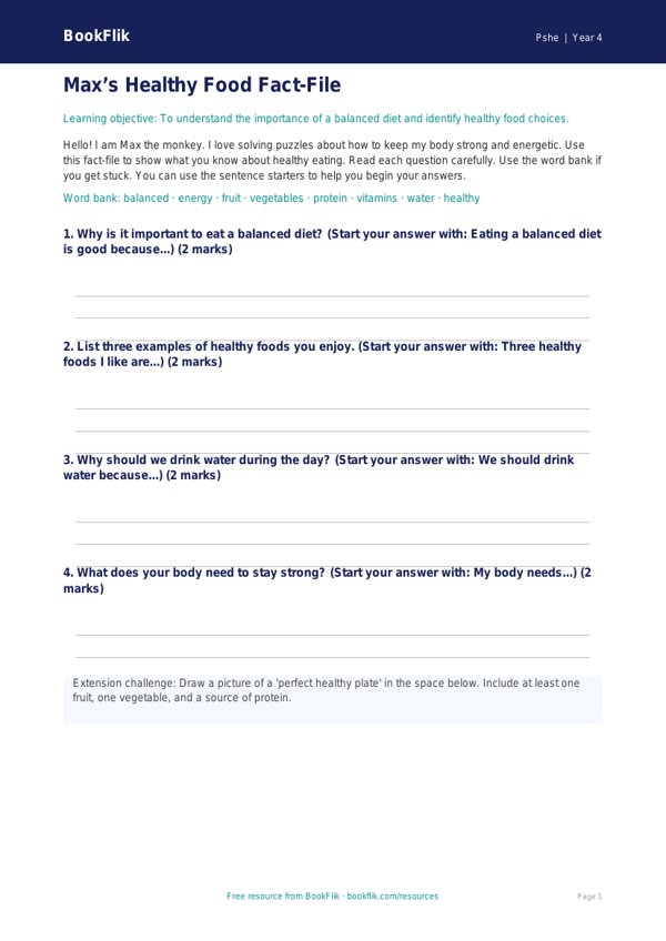 Free Healthy Eating Template | Year 4 Supported | BookFlik worksheet preview — Pshe Healthy Eating