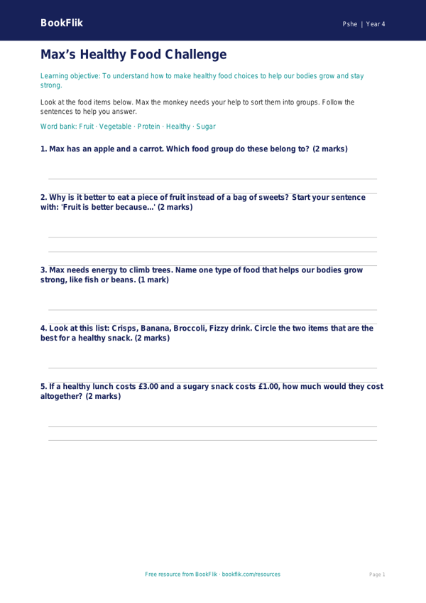 Free Healthy Eating Worksheet | Year 4 Supported | BookFlik worksheet preview — Pshe Healthy Eating