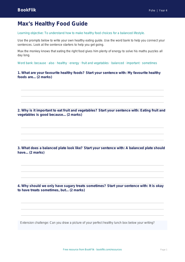 Free Healthy Eating Writing Frame | Year 4 Supported | BookFlik worksheet preview — Pshe Healthy Eating