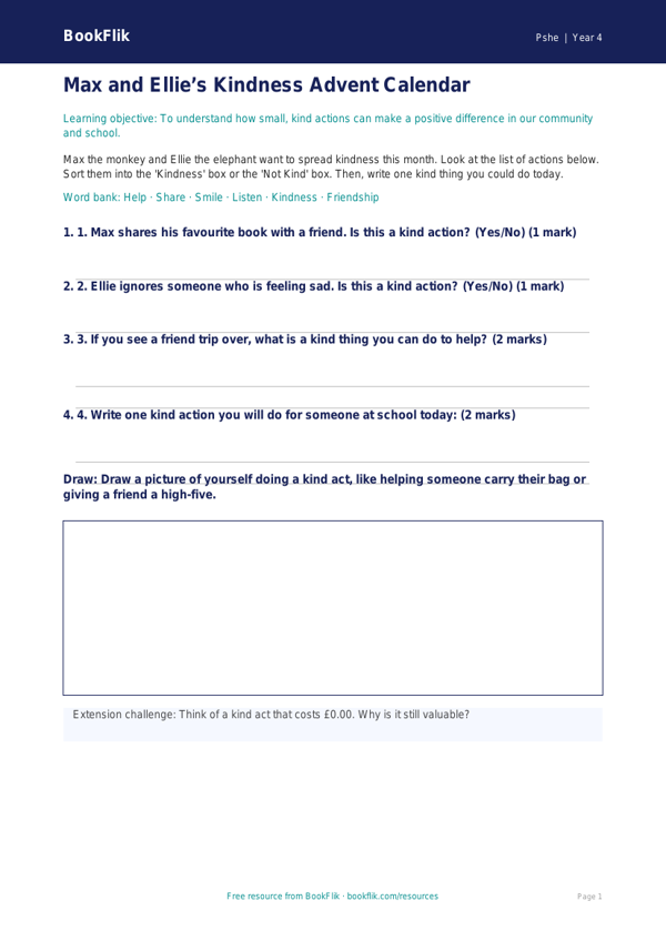 Free Kindness Advent Activity Sheet | Year 4 Supported | BookFlik worksheet preview — Pshe Kindness Advent
