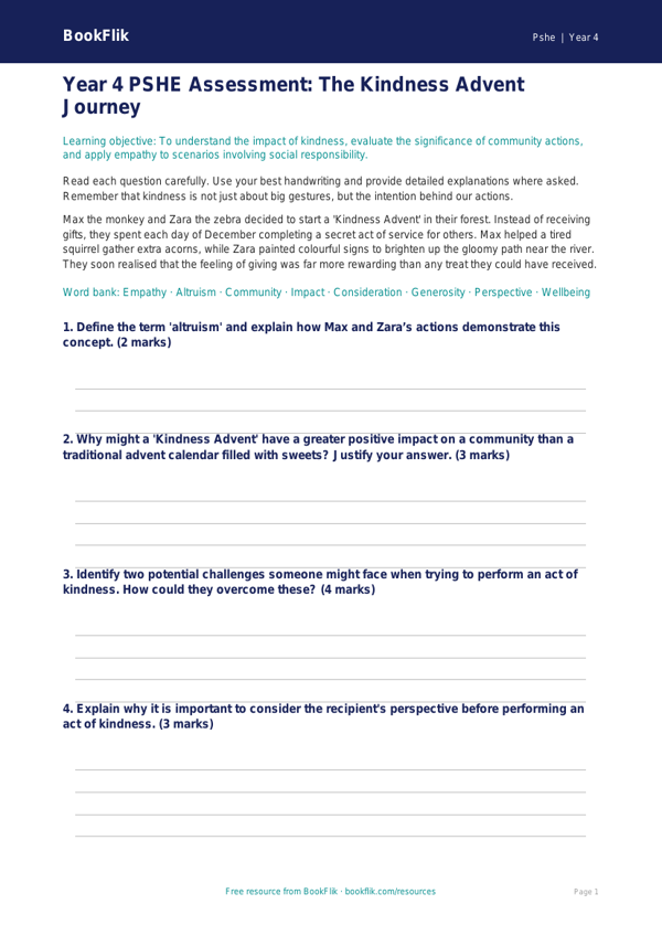 Free Kindness Advent Assessment | Year 4 Greater Depth | BookFlik worksheet preview — Pshe Kindness Advent