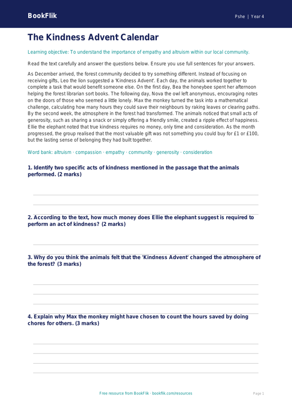 Free Kindness Advent Comprehension | Year 4 Greater Depth | BookFlik worksheet preview — Pshe Kindness Advent