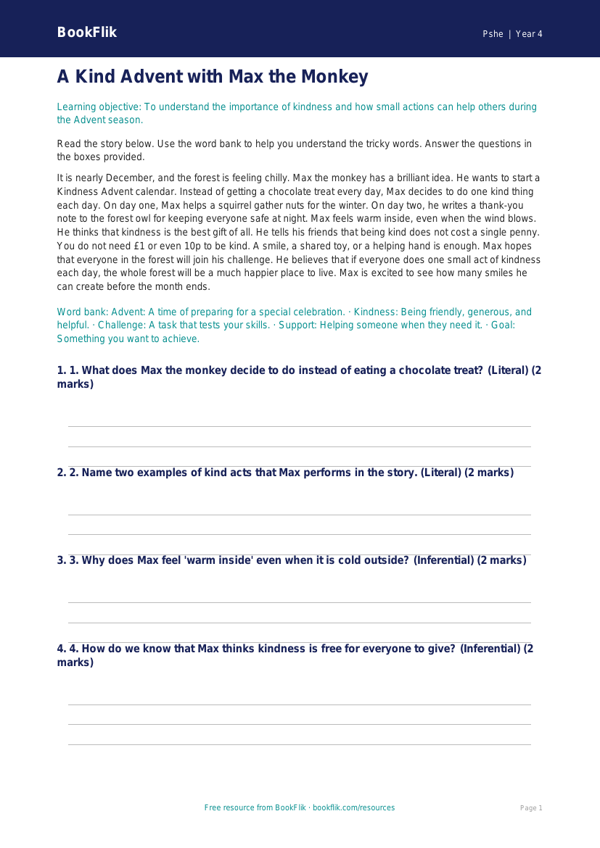 Free Kindness Advent Comprehension | Year 4 Supported | BookFlik worksheet preview — Pshe Kindness Advent