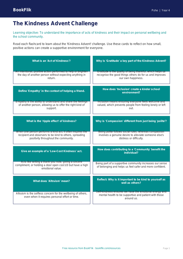 Free Kindness Advent Flashcards | Year 4 Greater Depth | BookFlik worksheet preview — Pshe Kindness Advent