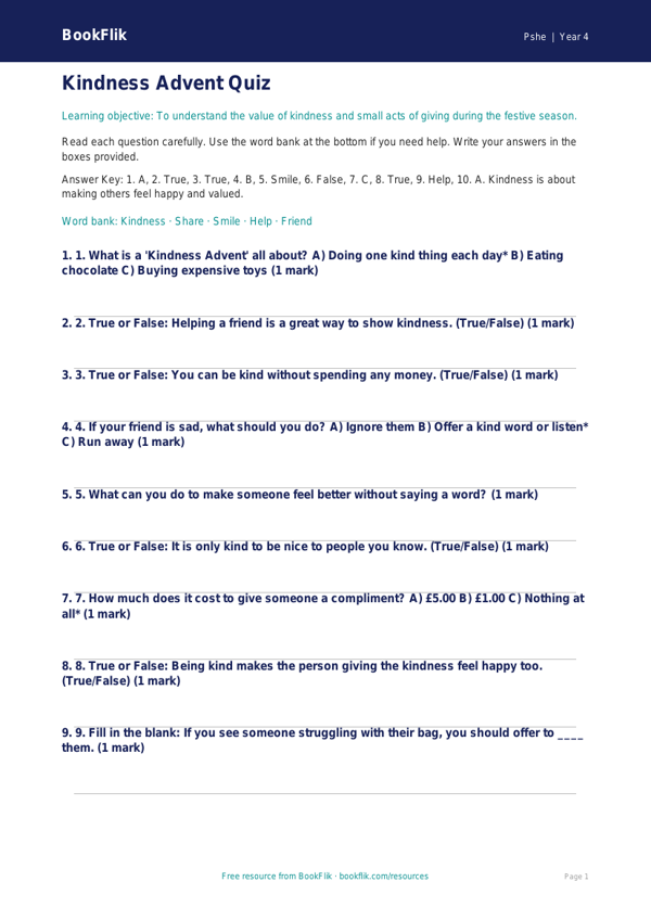 Free Kindness Advent Quiz | Year 4 Supported | BookFlik worksheet preview — Pshe Kindness Advent