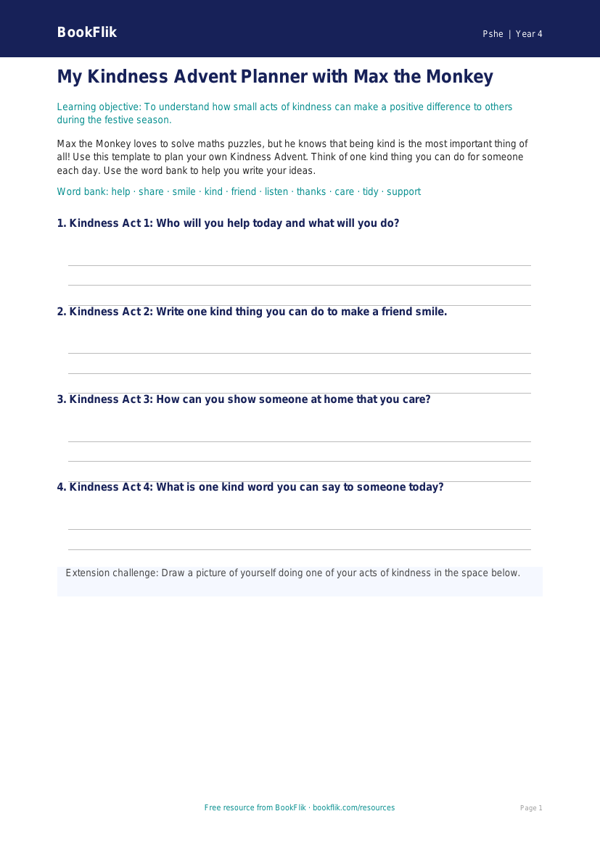 Free Kindness Advent Template | Year 4 Supported | BookFlik worksheet preview — Pshe Kindness Advent