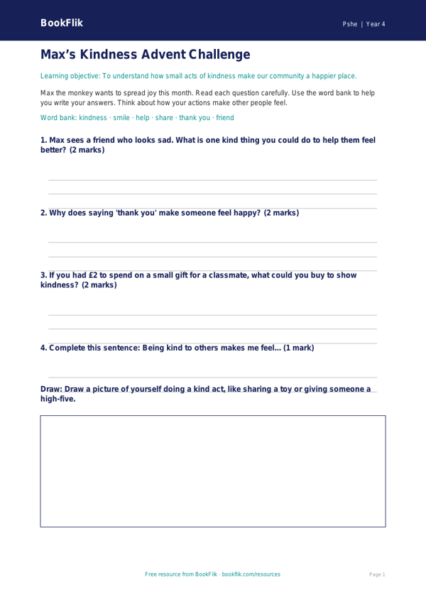 Free Kindness Advent Worksheet | Year 4 Supported | BookFlik worksheet preview — Pshe Kindness Advent