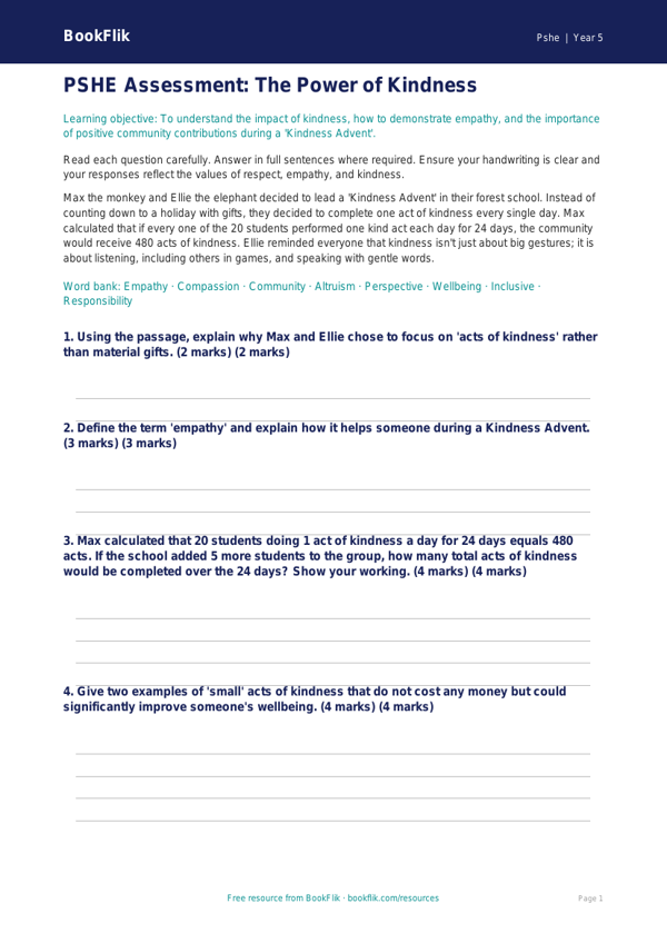 Free Kindness Advent Assessment | Year 5 Core | BookFlik worksheet preview — Pshe Kindness Advent