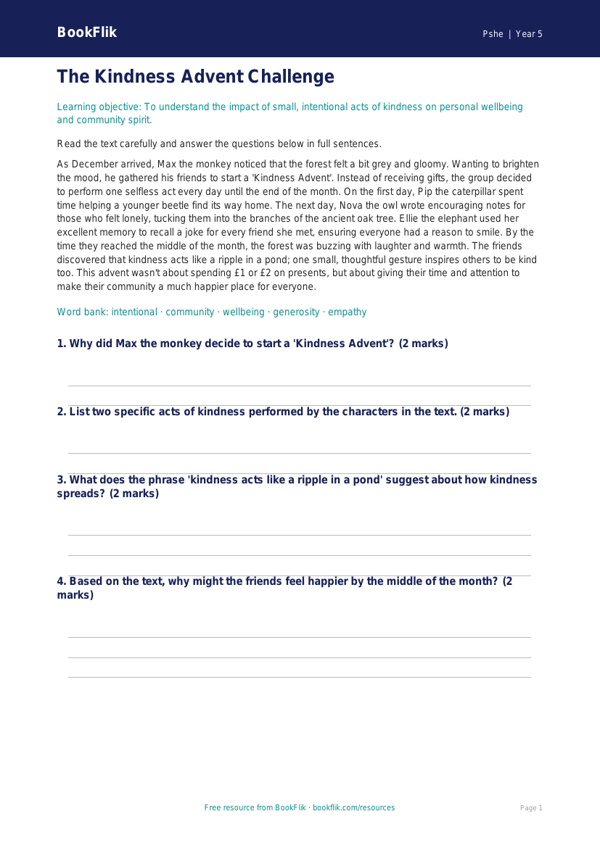 Free Kindness Advent Comprehension | Year 5 Core | BookFlik worksheet preview — Pshe Kindness Advent