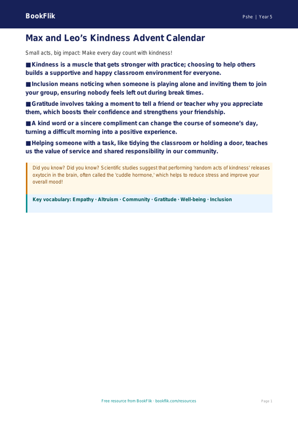 Free Kindness Advent Poster | Year 5 Core | BookFlik worksheet preview — Pshe Kindness Advent
