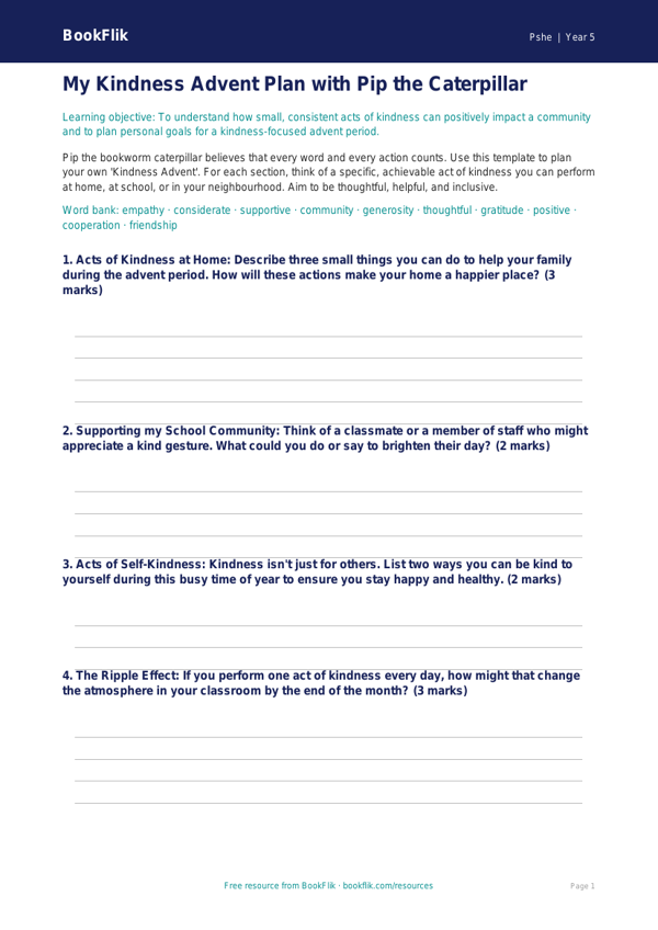 Free Kindness Advent Template | Year 5 Core | BookFlik worksheet preview — Pshe Kindness Advent