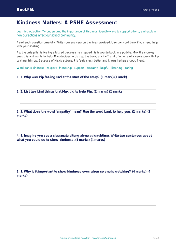 Free Kindness Assessment | Year 4 Supported | BookFlik worksheet preview — Pshe Kindness