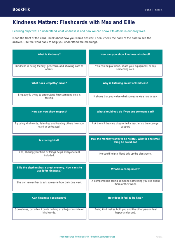Free Kindness Flashcards | Year 4 Supported | BookFlik worksheet preview — Pshe Kindness