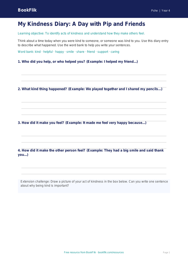 Free Kindness Template | Year 4 Supported | BookFlik worksheet preview — Pshe Kindness
