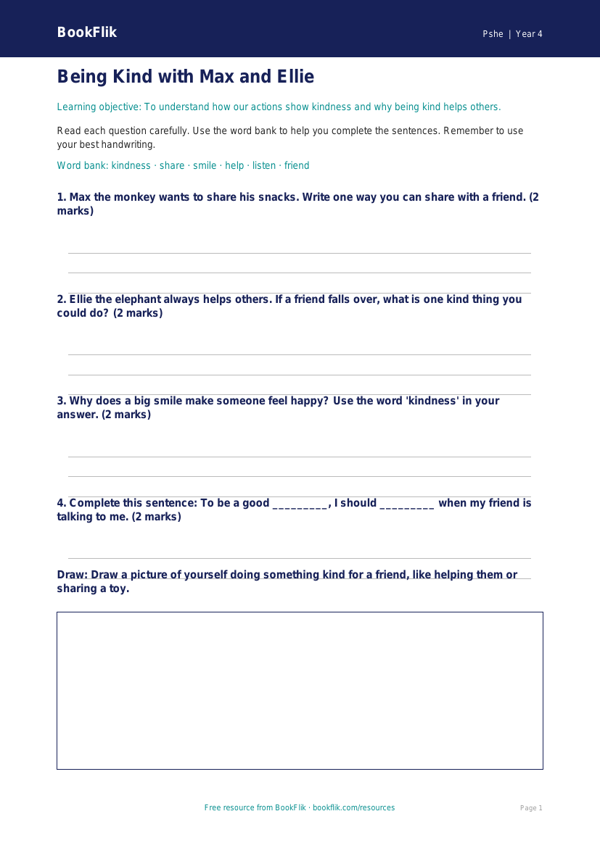 Free Kindness Worksheet | Year 4 Supported | BookFlik worksheet preview — Pshe Kindness
