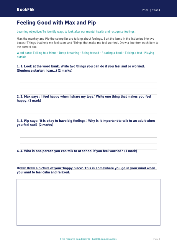 Free Mental Health Activity Sheet | Year 4 Supported | BookFlik worksheet preview — Pshe Mental Health