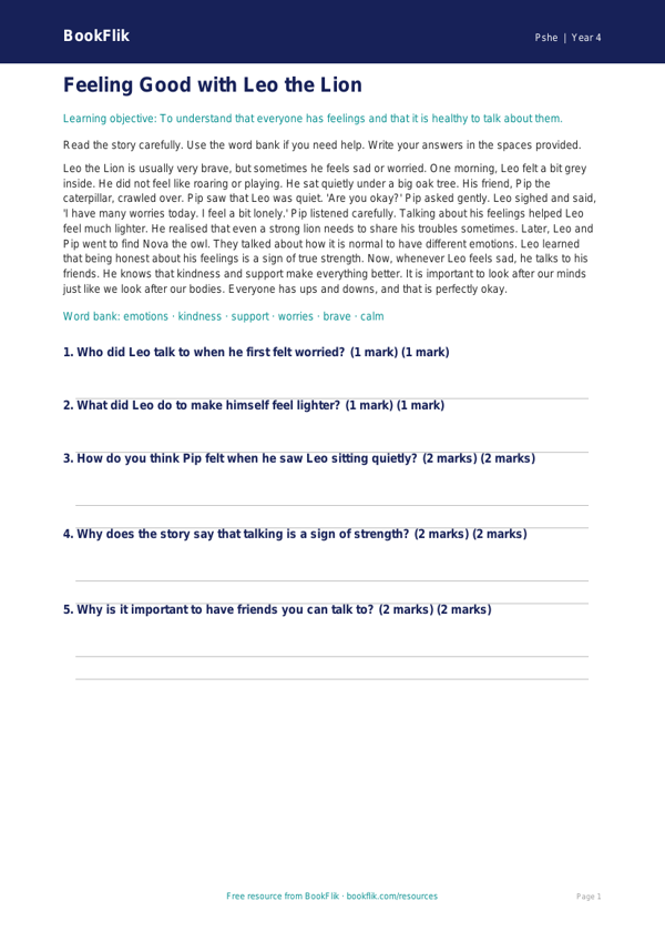 Free Mental Health Comprehension | Year 4 Supported | BookFlik worksheet preview — Pshe Mental Health