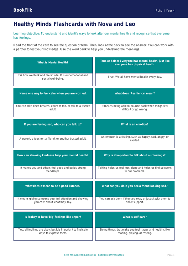 Free Mental Health Flashcards | Year 4 Supported | BookFlik worksheet preview — Pshe Mental Health