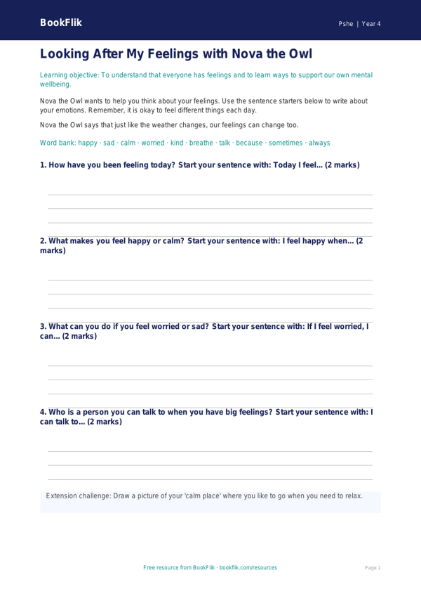 Free Mental Health Writing Frame | Year 4 Supported | BookFlik worksheet preview — Pshe Mental Health