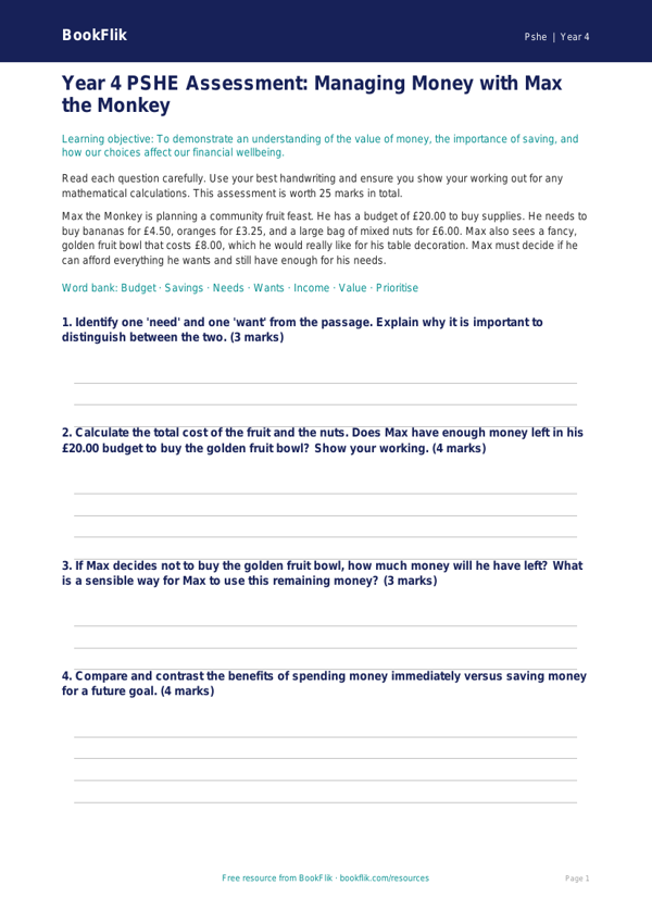 Free Money Assessment | Year 4 Greater Depth | BookFlik worksheet preview — Pshe Money