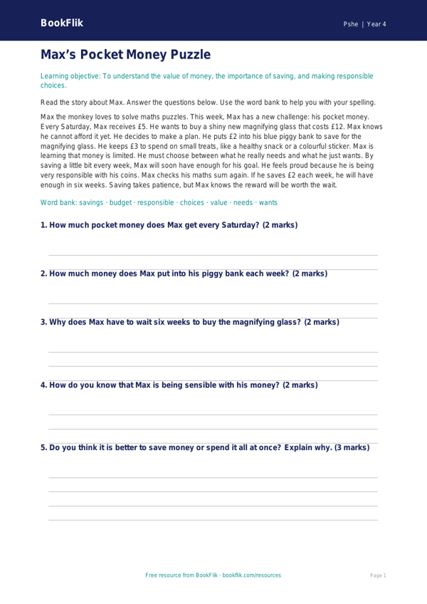 Free Money Comprehension | Year 4 Supported | BookFlik worksheet preview — Pshe Money