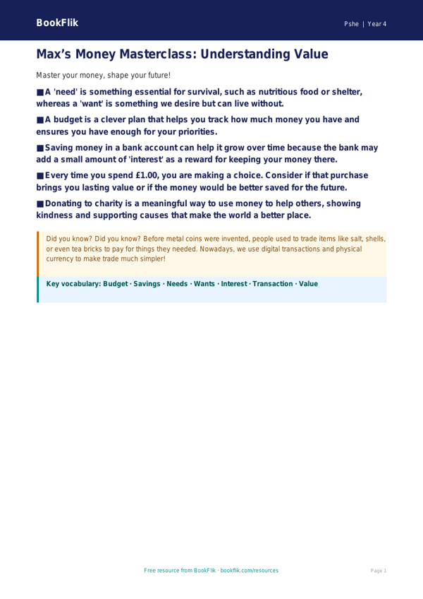 Free Money Poster | Year 4 Greater Depth | BookFlik worksheet preview — Pshe Money