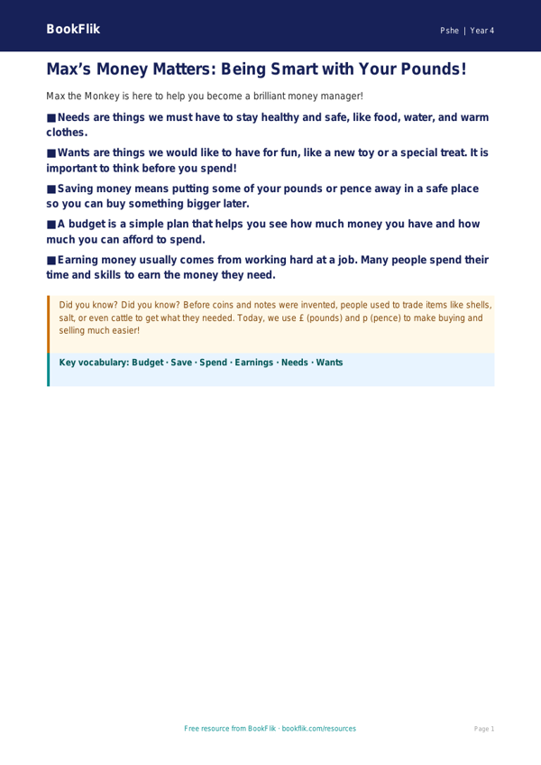 Free Money Poster | Year 4 Supported | BookFlik worksheet preview — Pshe Money