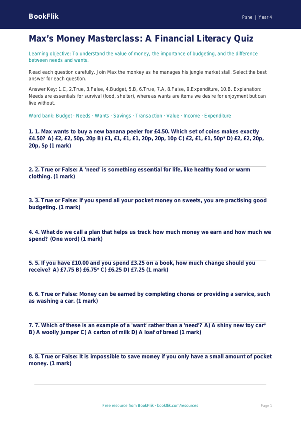 Free Money Quiz | Year 4 Greater Depth | BookFlik worksheet preview — Pshe Money
