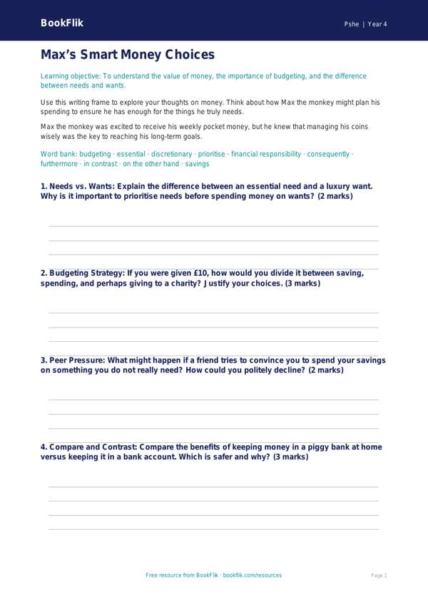 Free Money Writing Frame | Year 4 Greater Depth | BookFlik worksheet preview — Pshe Money