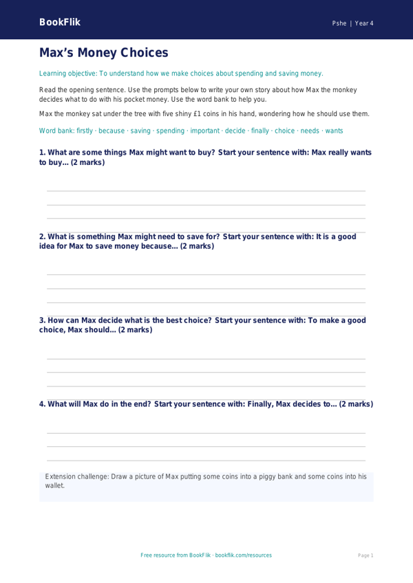 Free Money Writing Frame | Year 4 Supported | BookFlik worksheet preview — Pshe Money