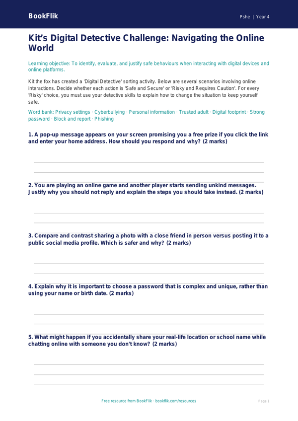 Free Online Safety Activity Sheet | Year 4 Greater Depth | BookFlik worksheet preview — Pshe Online Safety