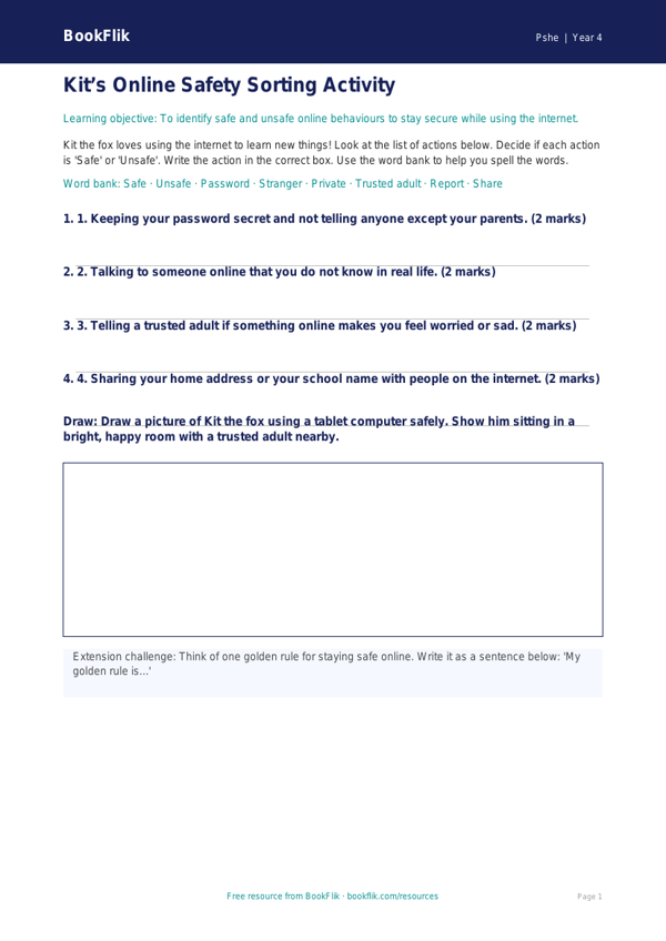Free Online Safety Activity Sheet | Year 4 Supported | BookFlik worksheet preview — Pshe Online Safety