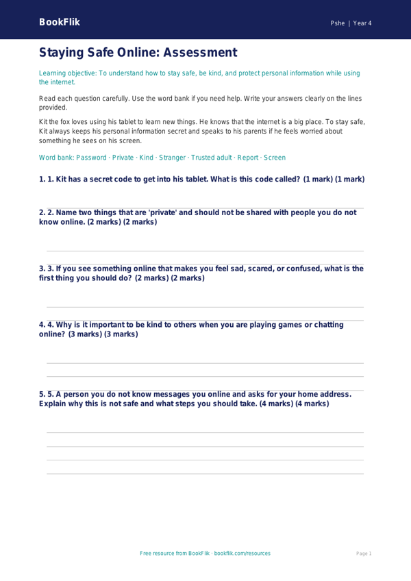 Free Online Safety Assessment | Year 4 Supported | BookFlik worksheet preview — Pshe Online Safety