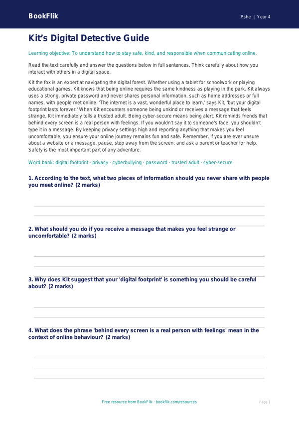 Free Online Safety Comprehension | Year 4 Greater Depth | BookFlik worksheet preview — Pshe Online Safety