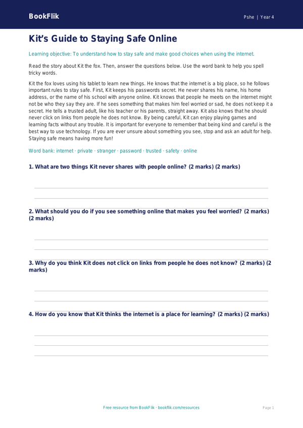 Free Online Safety Comprehension | Year 4 Supported | BookFlik worksheet preview — Pshe Online Safety