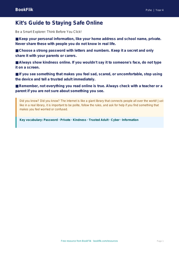 Free Online Safety Poster | Year 4 Supported | BookFlik worksheet preview — Pshe Online Safety